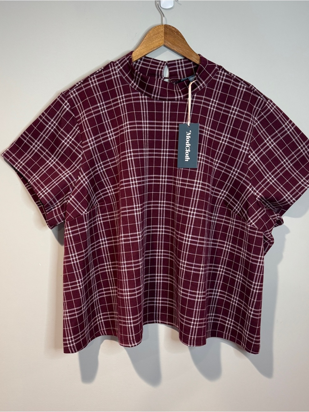 Modcloth NWT Burgundy Retro Plaid Mock Neck Short Sleeve Top Boxy Academia 4X